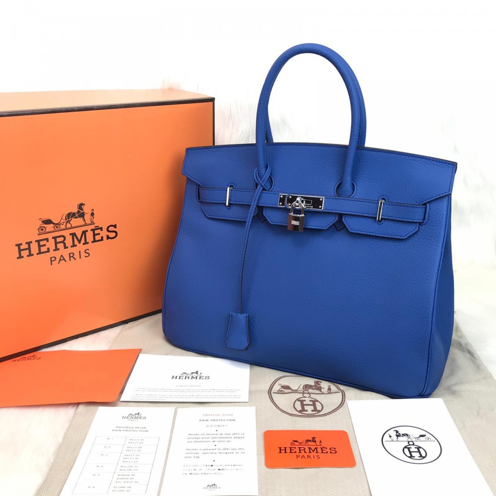 hermes birkin hakiki deri mavi 35 cm gumus